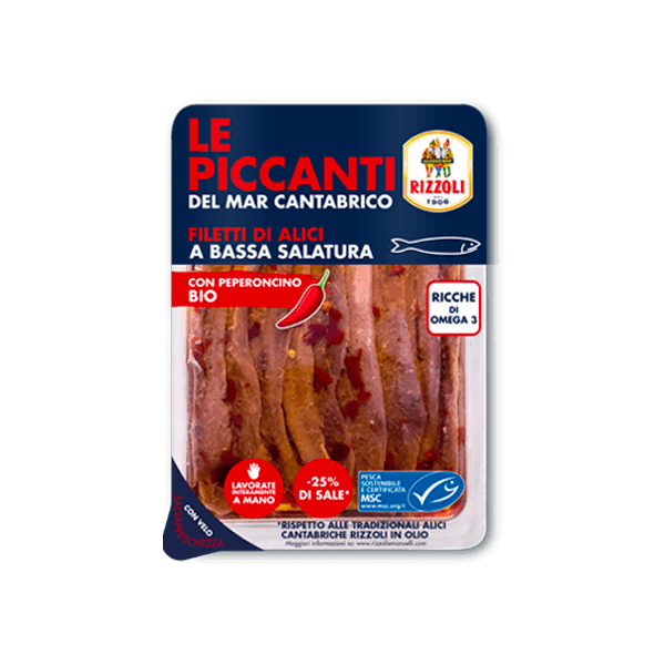 Kantabrische Anchovis-Filets in Olivenöl mit Chilli-Pfeffer 70g, Rizzoli • Fischdelikatesse • Italienische Feinkost