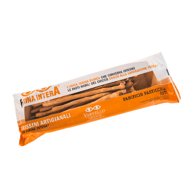 Grissini farina intera, produzione artigianale 200g, Patti • Brotstangen aus Varvello-Vollmehl • Italienische Feinkost