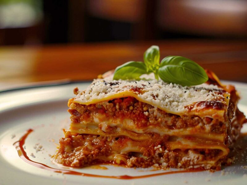 Ein Teller mit einer saftigen Portion Lasagne al Forno, garniert mit geriebenem Parmesan und einem frischen Basilikumblatt, serviert mit einer leichten Tomatenreduktion.